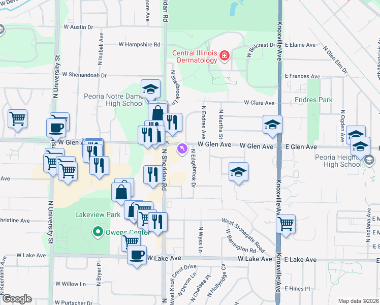 map of restaurants, bars, coffee shops, grocery stores, and more near 4813 North Edgebrook Drive in Peoria