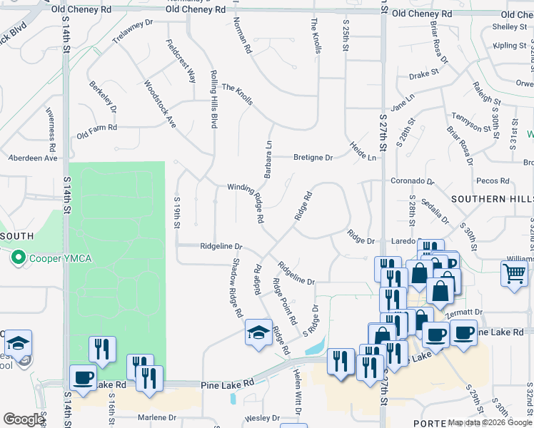 map of restaurants, bars, coffee shops, grocery stores, and more near 2315 Winding Ridge Road in Lincoln
