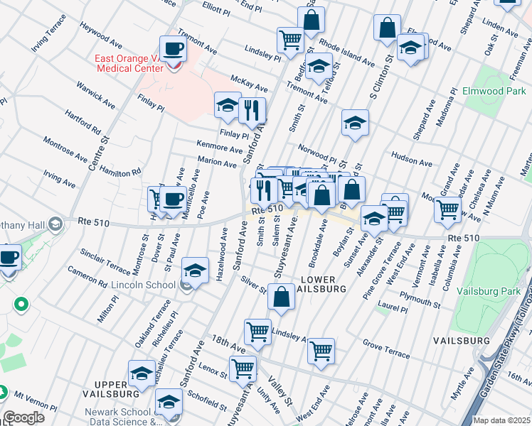 map of restaurants, bars, coffee shops, grocery stores, and more near 174 Smith Street in Newark