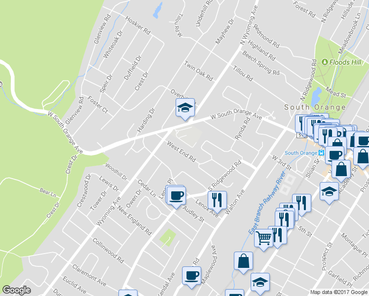 map of restaurants, bars, coffee shops, grocery stores, and more near 355 West End Road in South Orange