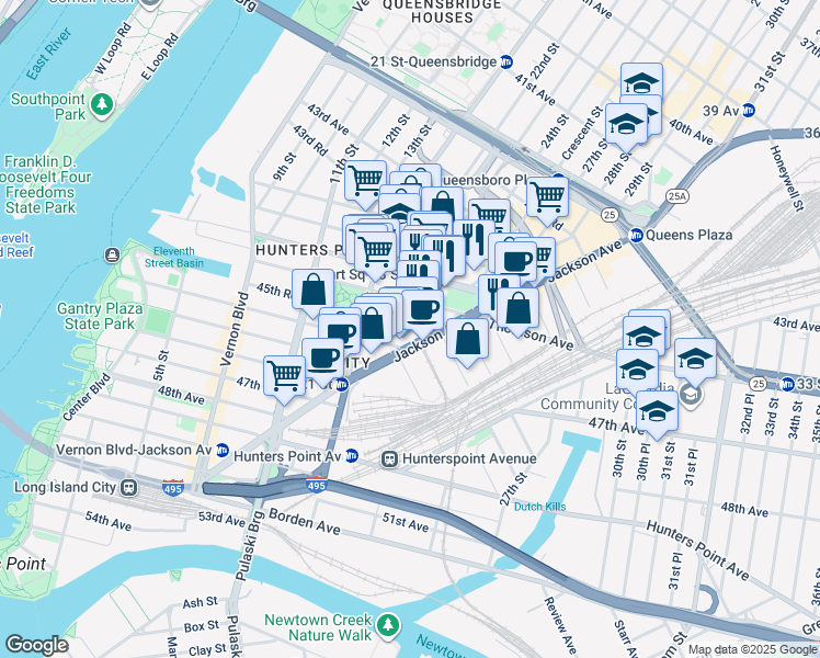map of restaurants, bars, coffee shops, grocery stores, and more near 23-06 Jackson Avenue in Queens