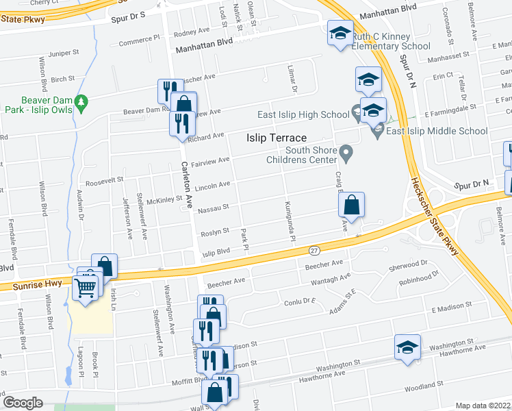 map of restaurants, bars, coffee shops, grocery stores, and more near 36 Nassau Street in Islip Terrace