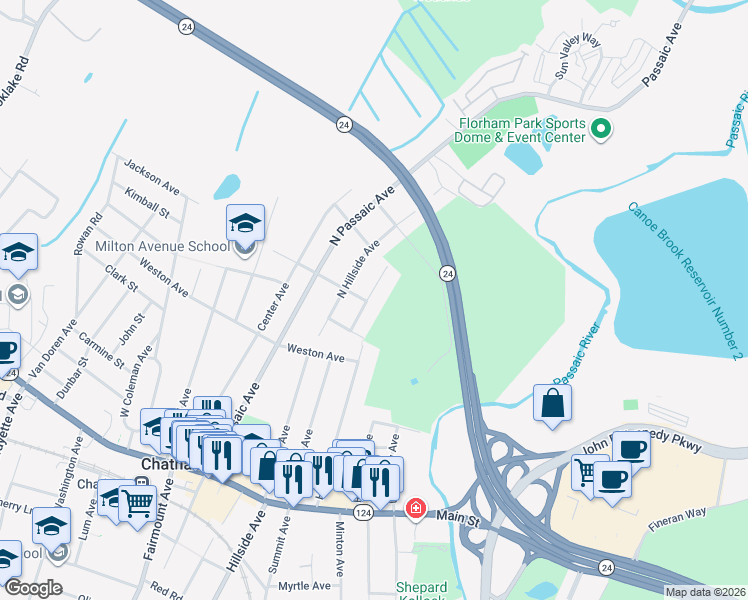 map of restaurants, bars, coffee shops, grocery stores, and more near 106 North Summit Avenue in Chatham