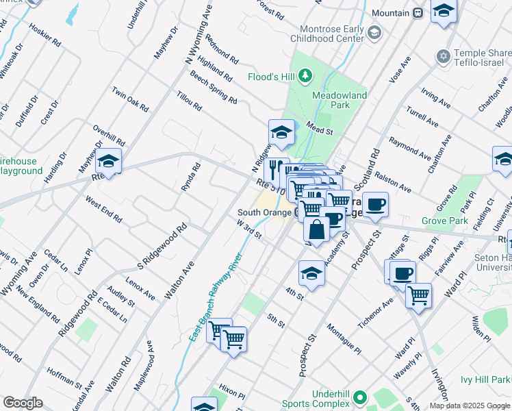 map of restaurants, bars, coffee shops, grocery stores, and more near 26-40 Church Street in South Orange Village