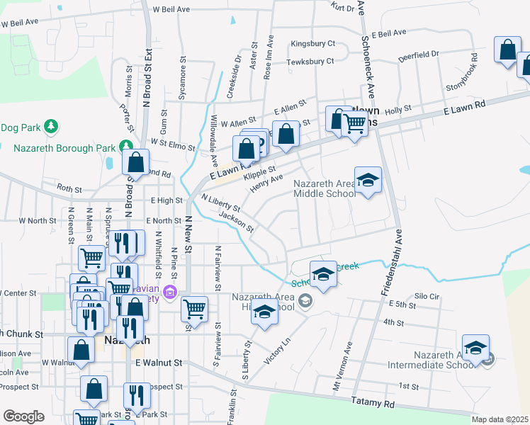 map of restaurants, bars, coffee shops, grocery stores, and more near 176 North Liberty Street in Nazareth