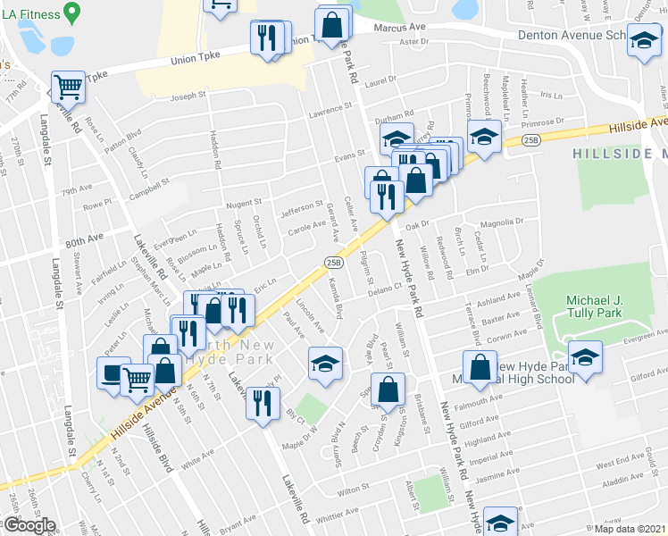 map of restaurants, bars, coffee shops, grocery stores, and more near 2 Kamda Boulevard in New Hyde Park