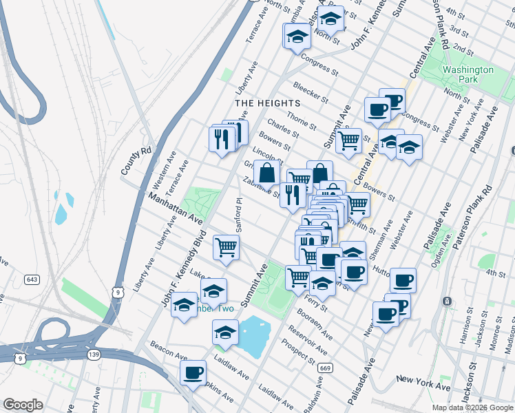 map of restaurants, bars, coffee shops, grocery stores, and more near 102 Sherman Place in Jersey City