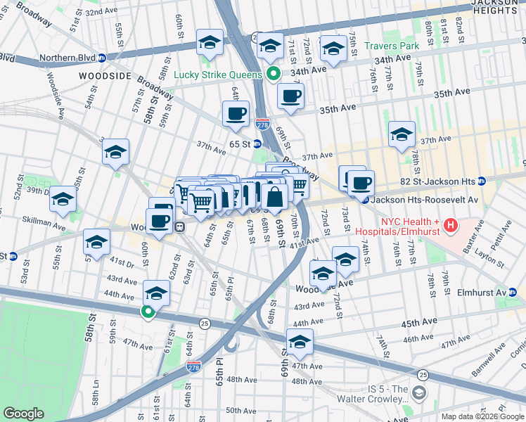 map of restaurants, bars, coffee shops, grocery stores, and more near Roosevelt Avenue & 68th Street in Queens