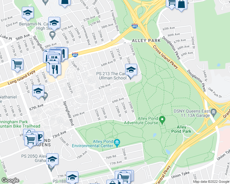 map of restaurants, bars, coffee shops, grocery stores, and more near 68-17 Cloverdale Lane in Queens