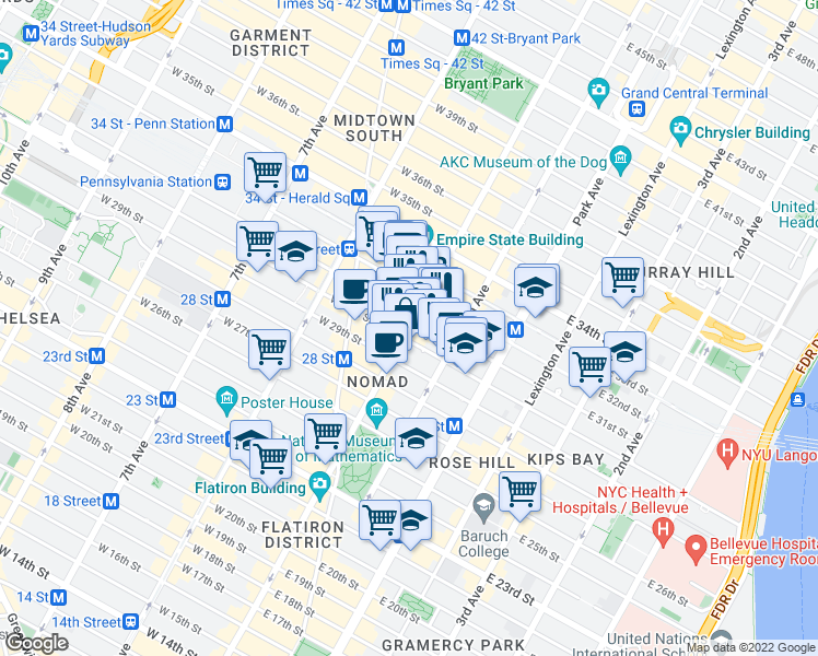 map of restaurants, bars, coffee shops, grocery stores, and more near 295 5th Avenue in New York
