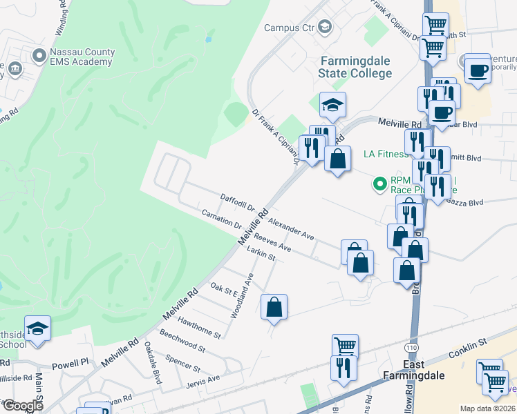 map of restaurants, bars, coffee shops, grocery stores, and more near 1 Daffodil Drive in Farmingdale