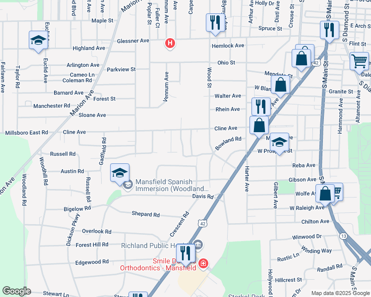 map of restaurants, bars, coffee shops, grocery stores, and more near 287 Cline Avenue in Mansfield