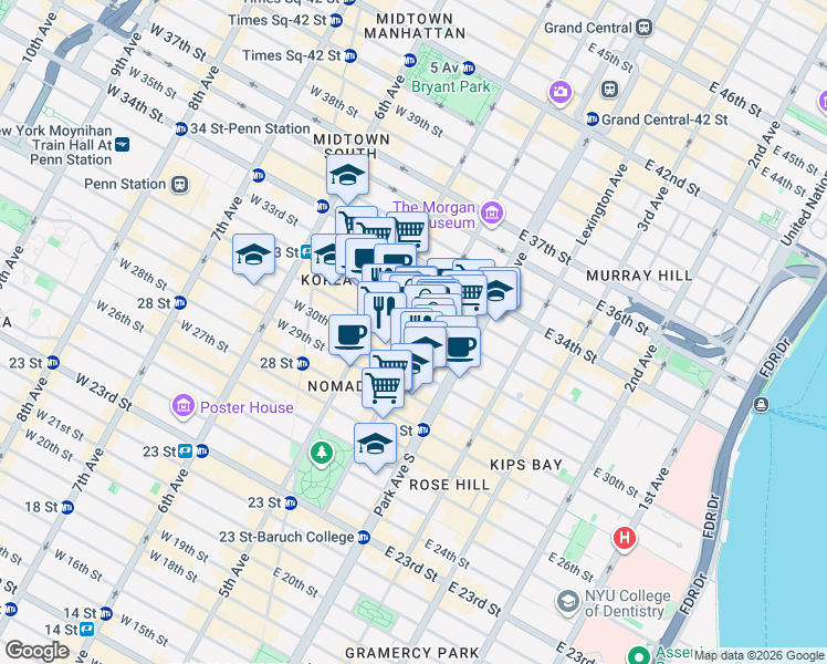 map of restaurants, bars, coffee shops, grocery stores, and more near 136 Madison Avenue in New York