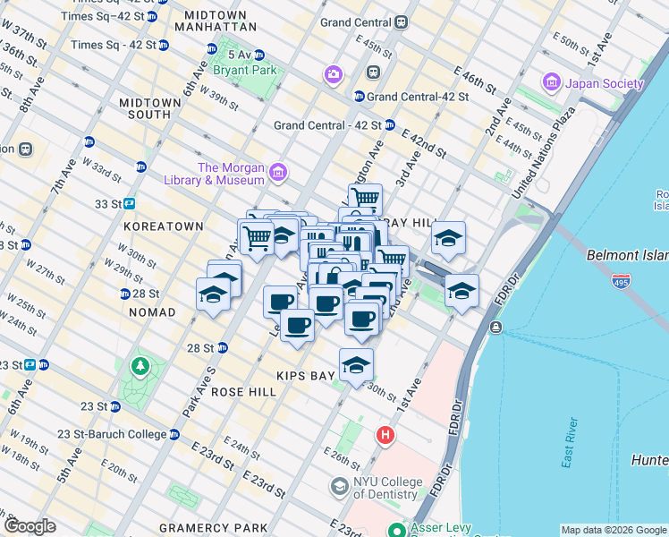 map of restaurants, bars, coffee shops, grocery stores, and more near 507 3rd Avenue in New York
