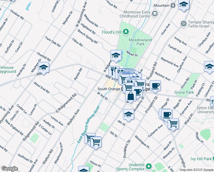 map of restaurants, bars, coffee shops, grocery stores, and more near 26-40 Church Street in South Orange Village