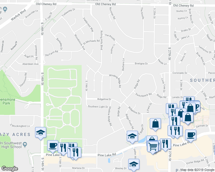 map of restaurants, bars, coffee shops, grocery stores, and more near 6521 Winding Ridge Court in Lincoln