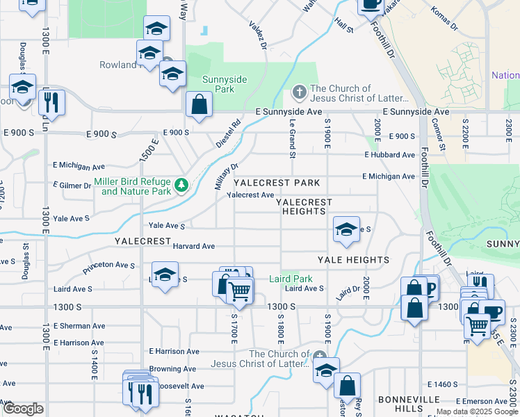 map of restaurants, bars, coffee shops, grocery stores, and more near 1751 Herbert Avenue South in Salt Lake City