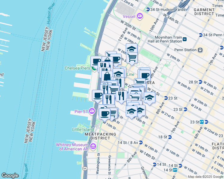 map of restaurants, bars, coffee shops, grocery stores, and more near 153 10th Avenue in New York