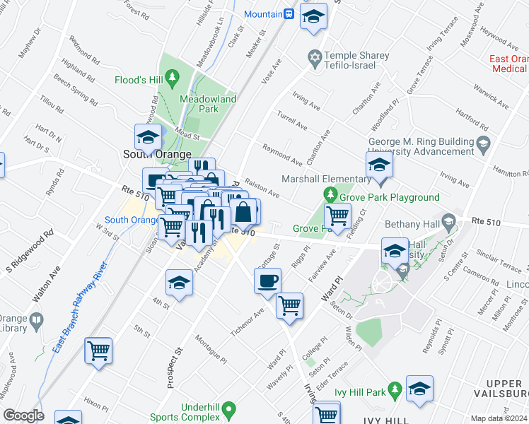 map of restaurants, bars, coffee shops, grocery stores, and more near 141 Connett Place in South Orange