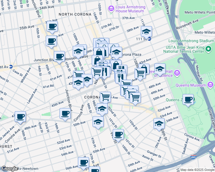 map of restaurants, bars, coffee shops, grocery stores, and more near 102-17 46th Avenue in Queens