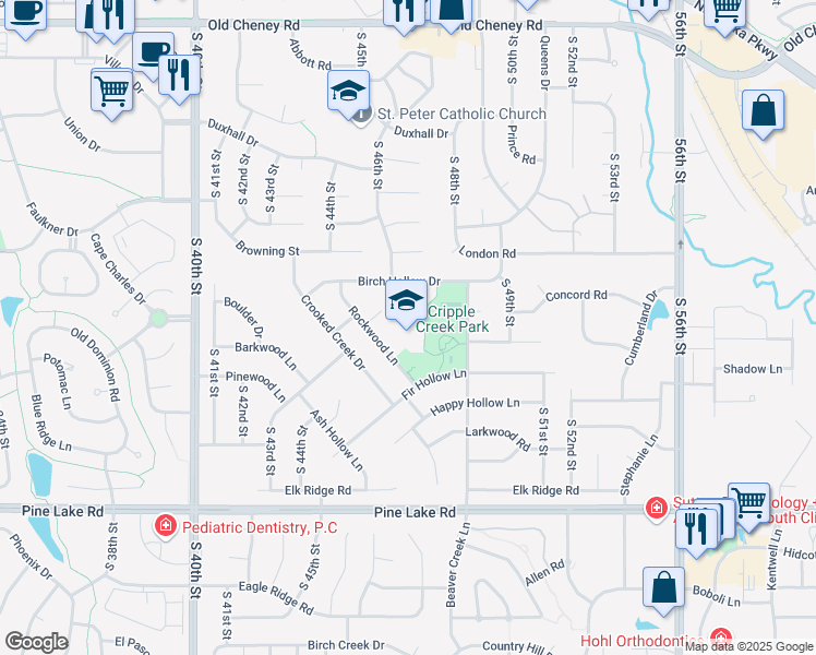 map of restaurants, bars, coffee shops, grocery stores, and more near 6720 Rockwood Lane in Lincoln