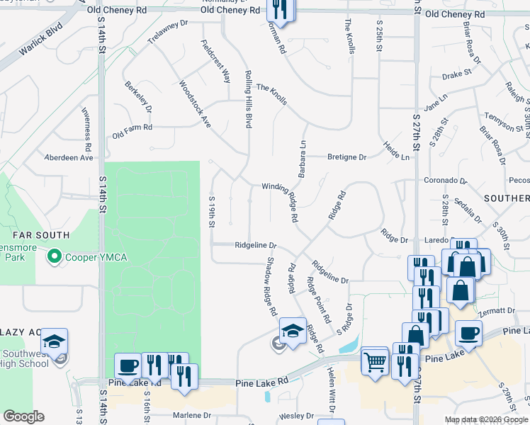 map of restaurants, bars, coffee shops, grocery stores, and more near 6521 Winding Ridge Court in Lincoln