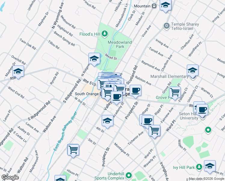 map of restaurants, bars, coffee shops, grocery stores, and more near 14 Route 510 in South Orange