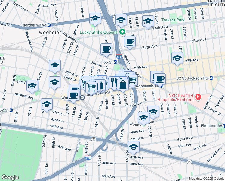 map of restaurants, bars, coffee shops, grocery stores, and more near 65-27 Roosevelt Avenue in Queens