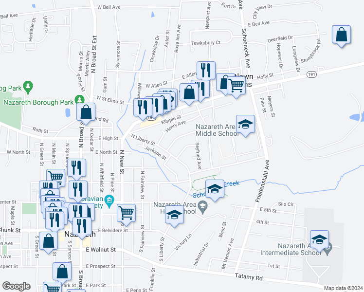 map of restaurants, bars, coffee shops, grocery stores, and more near 31 Charles Avenue in Nazareth