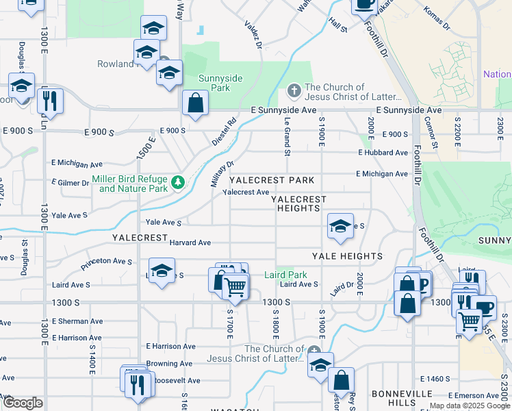 map of restaurants, bars, coffee shops, grocery stores, and more near 1751 Herbert Avenue South in Salt Lake City