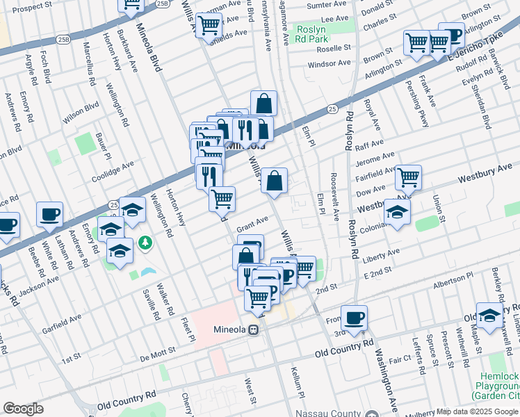 map of restaurants, bars, coffee shops, grocery stores, and more near 199 Willis Avenue in Mineola