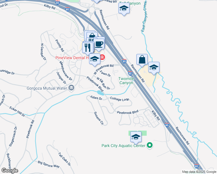 map of restaurants, bars, coffee shops, grocery stores, and more near 3058 West Elk Run Drive in Park City