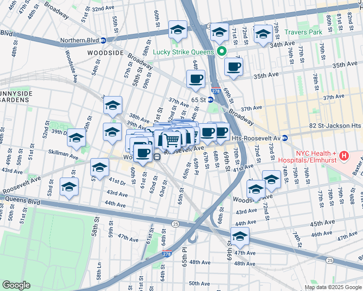 map of restaurants, bars, coffee shops, grocery stores, and more near 6319 Roosevelt Avenue in Queens