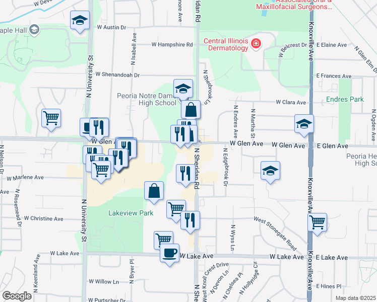 map of restaurants, bars, coffee shops, grocery stores, and more near 708 West Glen Avenue in Peoria