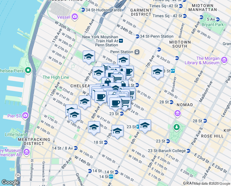 map of restaurants, bars, coffee shops, grocery stores, and more near 231 West 24th Street in New York