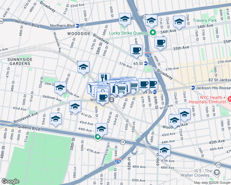map of restaurants, bars, coffee shops, grocery stores, and more near in Queens