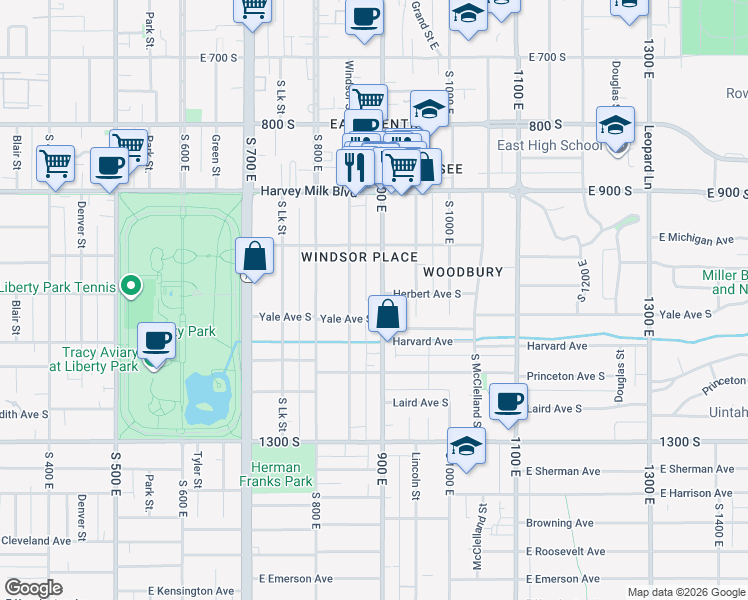 map of restaurants, bars, coffee shops, grocery stores, and more near 1058 900 East in Salt Lake City