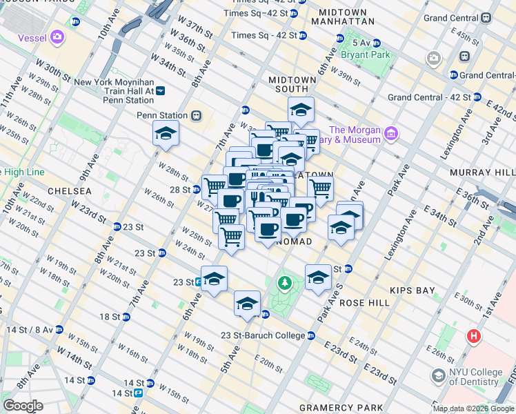 map of restaurants, bars, coffee shops, grocery stores, and more near 1223 Broadway in New York