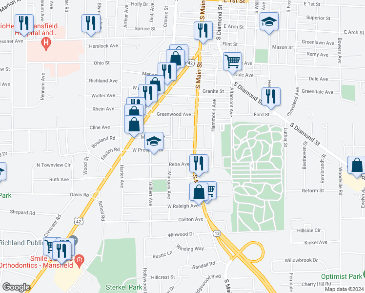 map of restaurants, bars, coffee shops, grocery stores, and more near 28 West Prospect Street in Mansfield