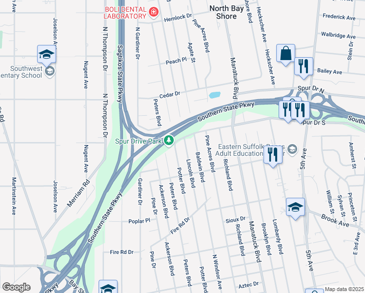 map of restaurants, bars, coffee shops, grocery stores, and more near 1466 Potter Boulevard in Bay Shore