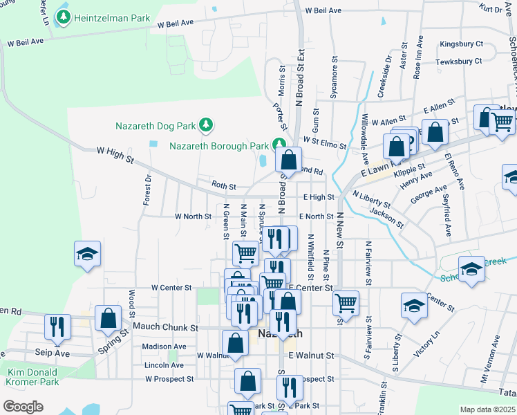 map of restaurants, bars, coffee shops, grocery stores, and more near 215 North Spruce Street in Nazareth