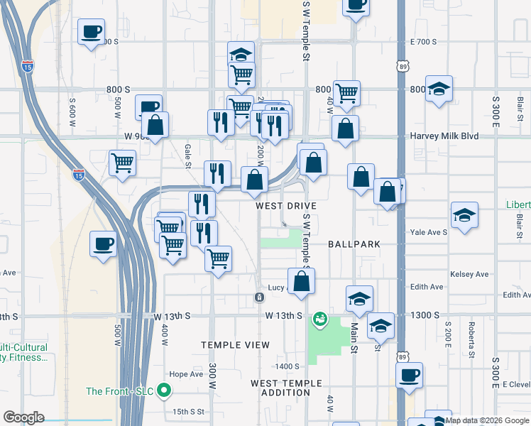 map of restaurants, bars, coffee shops, grocery stores, and more near 1050 South 200 West in Salt Lake City