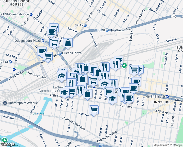 map of restaurants, bars, coffee shops, grocery stores, and more near 43-15 33rd Street in Queens