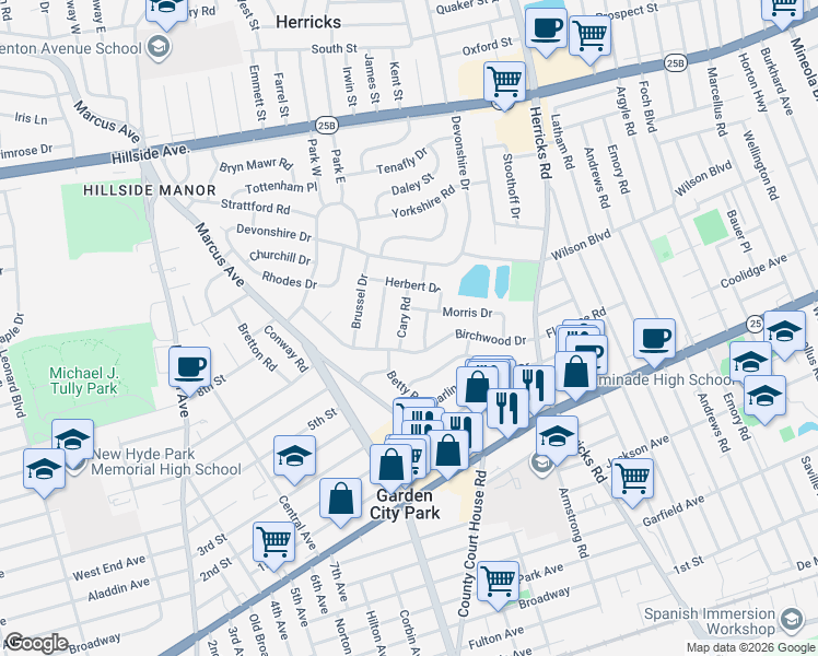 map of restaurants, bars, coffee shops, grocery stores, and more near 9 Cary Road in New Hyde Park