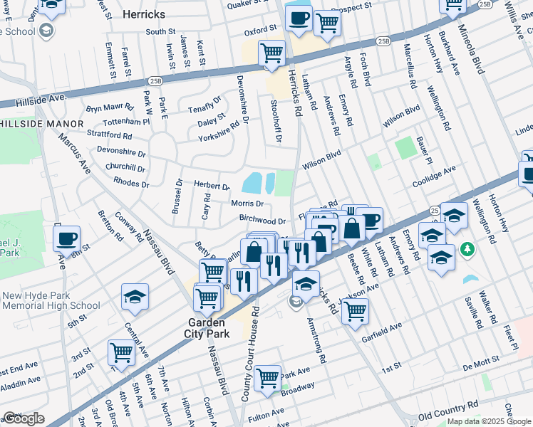 map of restaurants, bars, coffee shops, grocery stores, and more near 10 Birchwood Drive in New Hyde Park