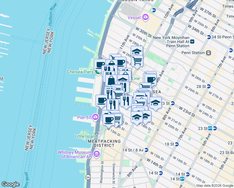 map of restaurants, bars, coffee shops, grocery stores, and more near 153 10th Avenue in New York