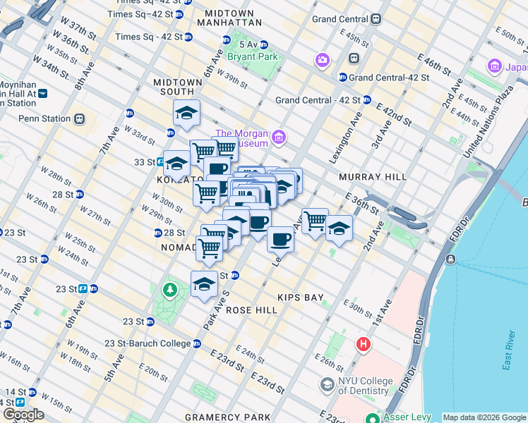 map of restaurants, bars, coffee shops, grocery stores, and more near 2 Park Avenue in New York