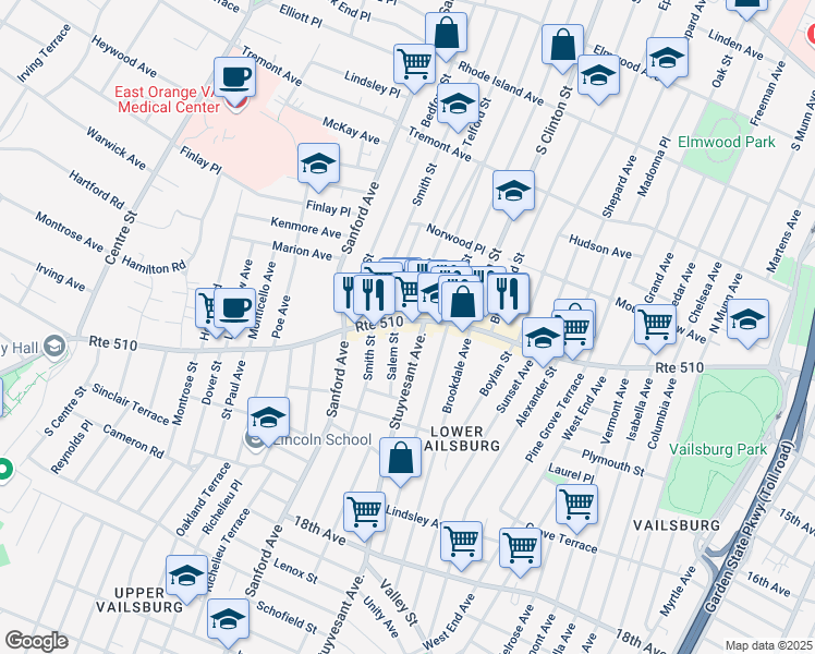 map of restaurants, bars, coffee shops, grocery stores, and more near 11 Stuyvesant Avenue in Irvington