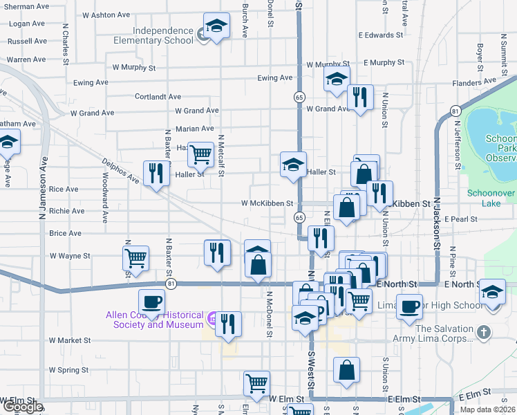 map of restaurants, bars, coffee shops, grocery stores, and more near 417 West McKibben Street in Lima