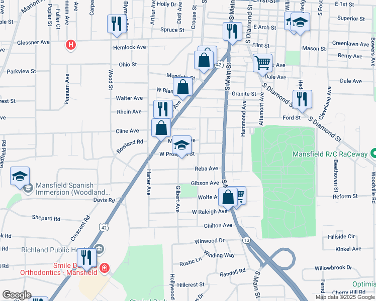 map of restaurants, bars, coffee shops, grocery stores, and more near 78 West Prospect Street in Mansfield